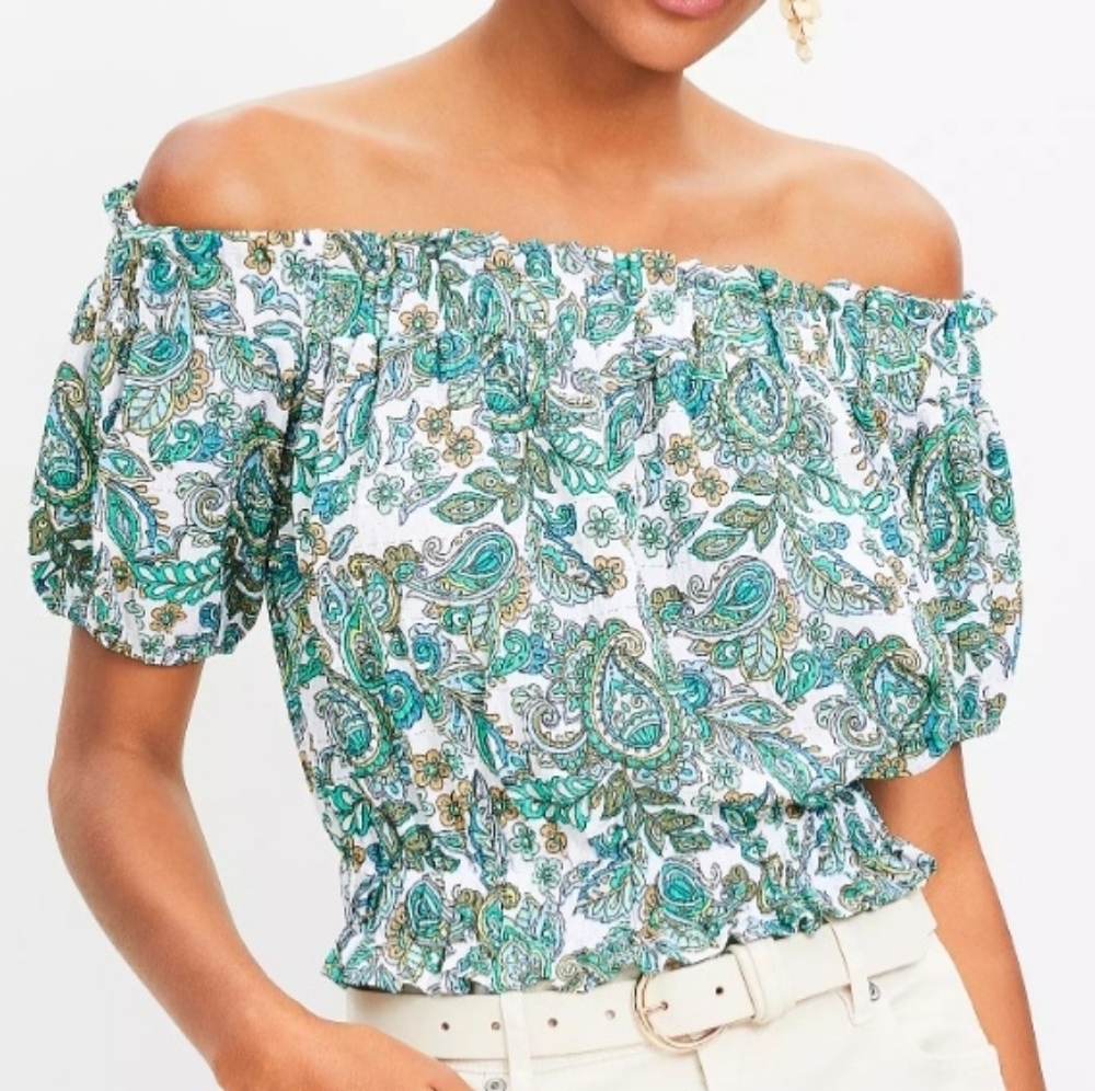Paisley Crinkle Jacquard Off The Shoulder Top loft top